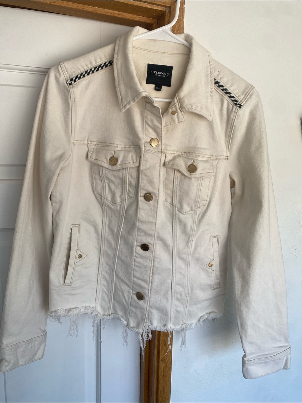 Liverpool Off-White Denim Jacket with Frayed Hem. /Stretchy /